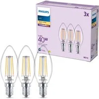 Philips LED-Leuchtmittel Lampe, 3er-Pack, 40W, Kerzenform, E14, 3 St., Warmweiß, Lange Lebensdauer, Warmweißes Licht, Klar