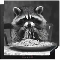 MuchoWow Herd-Abdeckplatte Waschbär - Niedlich - Pasta - Tischtuch - Schwarz - Weiß, Vinyl, (1 tlg), Cerankochfeld Abdeckung, Herd Abdeckplatten Vinyl, 58x59 cm