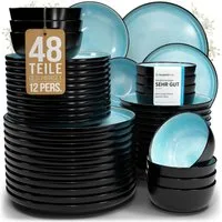 PURE LIVING INTERIOR DESIGN Geschirr-Set Pure Living »Ibiza« (48-tlg), 12 Personen, Steingut, Aquamarin, 12 Personen, Steingut, Mediterrane Handwerksoptik, Reaktive Glasur – jedes Stück einzigartig…