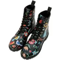 DOGO Long Boots Schnürstiefel Flower & Birds Black Damen Schnürboots Handgefertigt