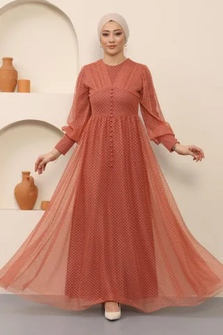 Knopf Detailed Tüll Abendkleid Lachs