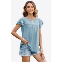Imily Bela T-Shirt Damen mit Lochspitze und Rüschenärmeln Rundhals Sommer Alltag (Packung, 1-tlg., 1per-Pack) mit Rundhalsausschnitt in Unifarbe Durchbrochene Rüschen