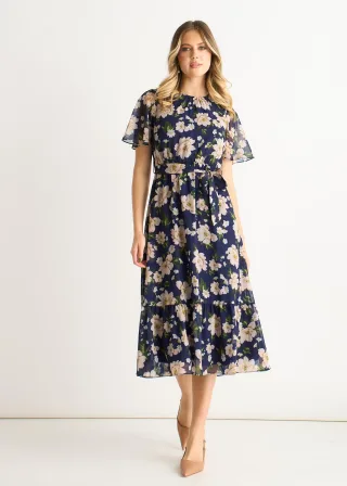 Marineblaues Midikleid mit Blumendruck und Schlaghose