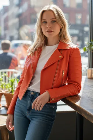 Verkürzte Brando-Bikerjacke aus orangefarbenem Leder für Damen – Durban