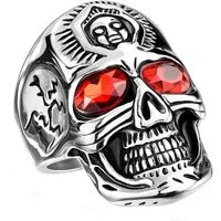 Taffstyle Fingerring Herren Biker Ring roten Kristall Augen Stirnring, Edelstahl Massiv Breit Herrenring Männer Rocker Schädel Siegelring