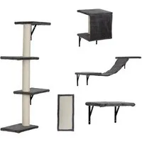FURPAL Kratzbaum Wandmontierbares Katzen-Kratzbaum-Set, 5-teilig, mit Kratzbrett, Mit sanftem Flanell, Hängekörben und Katzenbrücke, grau mit beige