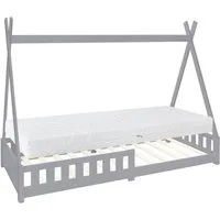 ML-DESIGN Spielbett Hausbett Tipi Zeltbett inkl. Lattenrost Bodenbett Kinder Himmelbett, Abenteuerbett mit Rausfallschutz Zelt Bett Kiefer Grau Kinderhaus