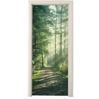 MuchoWow Türtapete Wald - Weg - Sonne - Bäume - Grün - Natur, Matt, bedruckt, (1 St), Selbstklebende Tapete, Folie für Möbel, 70x215 cm