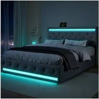PXloue Polsterbett Modernes Polsterbett mit LED-Beleuchtung, Bettgestell mit USB-Anschluss und modernem Design 140x200 cm