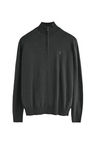 Pullover dunkelgrau meliert aus Wollgemisch mit halbem Reißverschluss und gesticktem Rigby Go-Logo