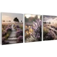 artissimo Mehrteilige Bilder Wandbilder-Set 3er-Set / natürliche Wanddeko / Wohnzimmer, Landschaft: Heidelandschaft mit lila Blüten in beige flieder
