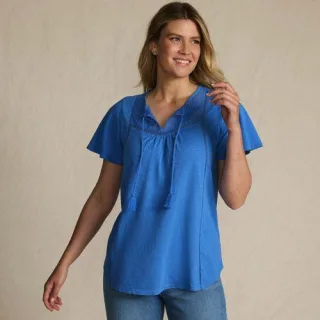 Flammgarn-Jerseyshirt mit kurzen Flügelärmeln für Damen, Damen, size: regular, Blau, Baumwolle, by Lands' End