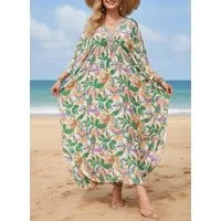 Lovolotti Sommerkleid Damen Strandkleid aus Viskose – Luftiger Kaftan mit floralem Print Maxikleid für Strand, Pool und Urlaub