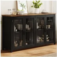 Flieks Sideboard Kommode mit 4 Glastüren und Arbeitsplatte in Holzoptik (160x40x86 cm, 1 St., Schrank für Esszimmer, Wohnzimmer und Schlafzimmer), Mehrzweckschrank Küchenschrank Multifunktionsschrank Schwarz