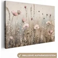 OneMillionCanvasses® Leinwandbild Blumen - Rosa - Modern - Beige, Fotodruck (1 St), Leinwand Bilder Klein, Wand Dekoration Aesthetic 30x20 cm