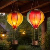 Expo Börse LED Solarleuchte, LED-Leuchtmittel fest verbaut, Warmweiß, LED Solar Außen Hängelampe Heißluftballon Gartenleuchte bunt 2er Set