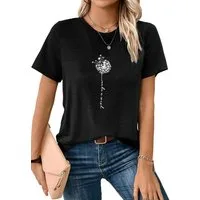 PYLIKE Kurzarmshirt Damen Casual Kurzarmshirt mit Löwenzahn Druck bequemes t shirt Bequem für Freizeit und Büro,Strandurlaub