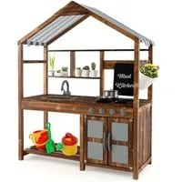 COSTWAY Outdoor-Spielküche, Kinderküche aus Massivholz, mit Vordach