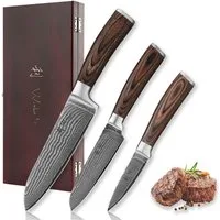Wakoli Messer-Set Edib 3er Damastmesser-Set I Kochmesser Küchenmesser I 8 -17cm Klingen (Küchenmesser Set in Holzbox, 3-tlg., 1x Santoku, Santoku klein, Spickmesser), Aus 67 Lagen Damaststahl, VG10 Kern, Pakkaholzgriff, inkl. Holzbox