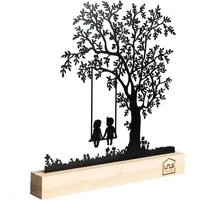 UNUS HOME Dekofigur Aufsteller Baum mit Kindern auf einer Schaukel (21cm breit), Baum-Silhouette aus Metall und Bambus-Holz Wohndekoration