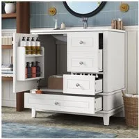 Merax Waschtisch mit Waschbecken, Freistehender Badmöbel-Set, Hochglanz Weiß (81×47×86cm, 1-St), Unterschrank Badzimmerschrank mit 4 Schubladen, Einzeltür & Stauraum