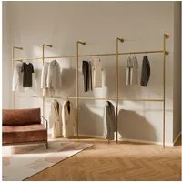 pamo. design Kleiderständer KIM DOUBLE Industrial Kleiderstange zur Wandmontage, Offener Kleiderschrank / Garderobe aus goldenen Wasserrohren