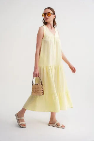 Ärmelloses V-Ausschnitt Musselin-Midi-Kleid mit Taschen