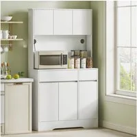 HOMCOM Küchenbuffet Buffetschrank mit Arbeitsplatte, Verstellbaren Einlegeböden, Kabelloch (Mikrowellenschrank, 1-St., Hochschrank) mit Modernem Design, Weiß