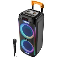 Denver TSP-456 – Bluetooth Trolley-Lautsprecher mit LED-Lichtshow Mikrofon Party-Lautsprecher (60 W, fahrbar, Griff, LED-Beleuchtung, TWS-Pairing möglich, Fernbedienung)