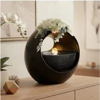 Arnusa Zimmerbrunnen Tischbrunnen mit Vase schwarz 29x30 cm warmweiße LED Beleuchtung, Dekoration Blumenvase Wohnzimmerdeko schwarz
