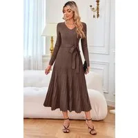 Arach&Cloz Strickkleid Damen Pulloverkleid Herbst Winterkleid Lang Plissee V-Ausschnitt Langarm Elegant Midi Kleider Winter