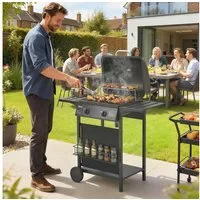 Outsunny Gasgrill mit 2 Brenner BBQ Edelstahl Seitentisch Emaille-Grillrost Rolle, Gas-Grill, Grillwagen, für Balkon Party