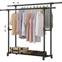 HEYHIPPO Kleiderstange Kleiderständer ausziehbar,höhenverstellbar, mit Rollen & Schuhablage (höhenverstellbar bis 155cm, für Schlafzimmer, Wohnzimmer & Wäscheraum), doppelte Stange, Länge 90–150cm verstellbar, Carbonstahl, schwarz