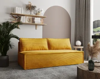 Sofa Designersofa AMANDA 3-Sitzer mit Schlaffunktion in Stoff Zoom Senfgelb