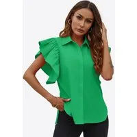 Imily Bela Blusenshirt Damen mit Hemdkragen und Rüschenärmeln aus Baumwolle Casual Oberteil (Packung, 1-tlg., 1per-Pack) mit versteckter Knopfleiste und geschwungenem Saum in Unifarbe