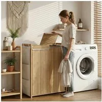 HOMCOM Wäschekorb Wäschesortierer mit Griff, bnehmbarem Kordelzug-Sack (Wäschebox, 1 St., Wäschesammler mit Innensäcken), Bambus, 120 l, Seitenfächer, Deckel