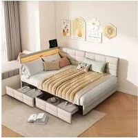 Gdood Polsterbett Daybett Jugendbett Tagesbett (1-tlg., 2 Schubladen, Geeignet für Jungen und Mädchen), Mit LED-Beleuchtung, Ladefunktion, Leinen, 140x200 cm
