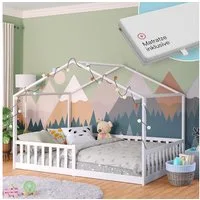 Bellabino Hausbett Kinderbett Bia mit Lattenrost (weiß, mit Matratze), Bodenbett mit Rausfallschutz, verfügbar in 80x160 & 90/120/140x200 cm
