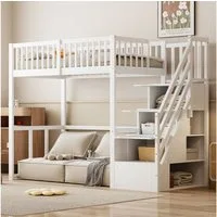 Flieks Hochbett Massivholz Kinderbett Einzelbett 90x200cm mit Stauraumtreppe