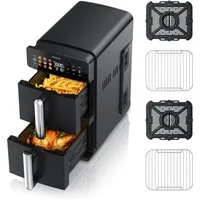 Arendo Heißluftfritteuse mit 2 Kammern Übereinander, XXL Doppelkammer Airfryer 11L, Dual Zone, 2400 W, mit Zubehör, Umluft Backofen, Edelstahl, fettarmes gesundes Kochen