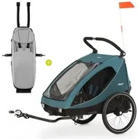 Hauck Fahrradkinderanhänger Dryk Duo Set - Ocean Green, 2in1 Fahrradanhänger Buggy für 2 Kinder bis 44 kg mit Babysitz Lounger