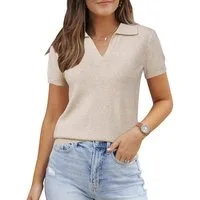 Arach&Cloz Poloshirt Damen Wollmischung Poloshirt Kurzarmpullover Strickpullover Volltonfarbe V-Shirt Tops Business Casual Kurzarmshirt Wollpullover