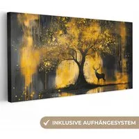 OneMillionCanvasses® Leinwandbild Panorama Baum - Farboptik - Hirsch - Natur - Gold, Fotodruck (1 St), Leinwand Bilder für Wohnzimmer Schlafzimmer 60x30 cm
