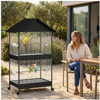 PawHut Vogelkäfig XXL Vogelvoliere mit Abnehmbar Trennwand 2 Türen 2 Holzstangen Rollen, für Wellensittiche Nymphensittiche Kanarien 94 x 70 x 158cm