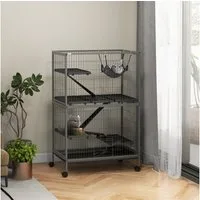 PawHut Kleintierkäfig Frettchenkäfig mit ausziehbarem Tablett Hängematte, Rampen, Rollen, für Eichhörnchen, Zwerghamster, Chinchilla Grau
