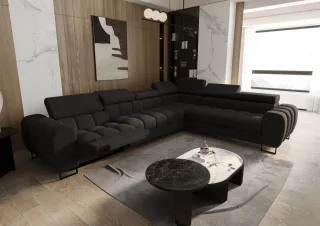 Ecksofa Schlafsofa BASTIEN RELAX in Stoff Gemma Dunkelgrau Ottomane Rechts