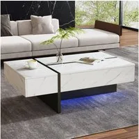 OKWISH Couchtisch Moderner weißer Wohnzimmertisch LED 105x60x35cm Marmordekor Hochglanz (Unregelmäßiges Design Couchtisch mit 3 Schubladen), mit LED-Beleuchtung, Marmormuster, Hochglanz Tischplatte,105*60*35cm
