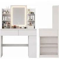 PFCTART Schminktisch Schminktisch Holz mit LED-Spiegel & Beleuchtung, Weiß, 90x40x135 cm (Set, 1-St., MDF Frisiertisch mit dimmbarer Beleuchtung & Föhnhalter), Mit USB, 3 Lichtfarben, 2 Schubladen & offenem Stauraum