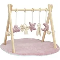 LuMali Baby Gym Holz Spielbogen klappbar 5 Spielzeuge Matte 41x58x49cm Naturholz, (5 sensorische Anhänger 2 Baumwollschnüre Montageset), Spieltrapez Neugeborene sensorisch Spielmatte 78cm wendbar ab Geburt