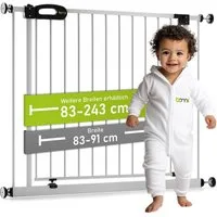 BOMI Türschutzgitter Treppenschutzgitter ohne Bohren, Absperrgitter Metall, Merle 83-243 cm (verschiedene Größen, klemm- & verschraubbar, Kinderschutzgitter mit Feststellfunktion), Automatik-Tür & 3-fach Sicherheitsverschluss, weiß, Baby + Kleinkind
